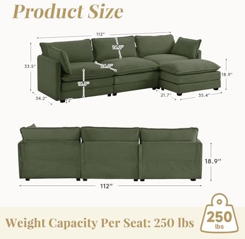 ROWHY 112'' Modular Sectional Cloud Couch with Movable Ottoman, 4 Seat Modern Corduroy Sofa, Deep Seat L Shaped Couch for Living Room Bedroom Apartment,Green