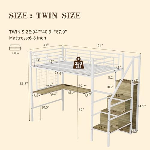 Twin Size Metal Loft Bed with Reversible Stairs & L-Shaped Desk