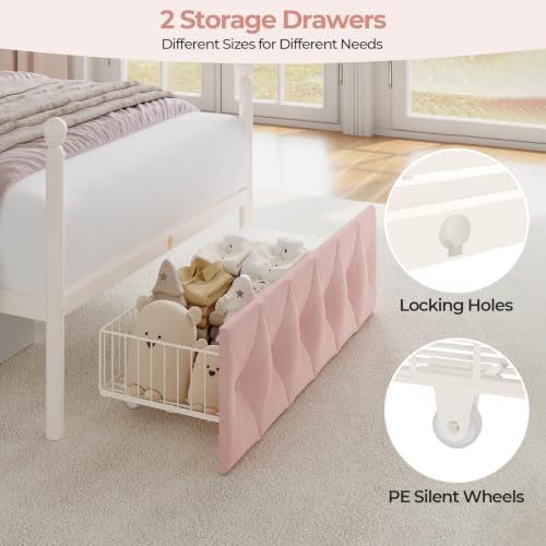 Twin Size Upholstered LED Canopy Bed Frame with 2 Drawers and & Charging Station, Button Tufted Storage Headboard, Metal Platform Bed with 4 Removable Posts, No Box Spring Needed, Pink