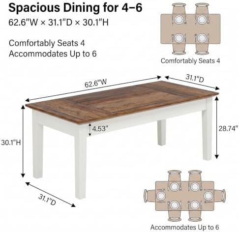Tribesigns Dining Table for 4-6 People, 63-Inch Rectangular Kitchen Table with Solid Wood Legs, Farmhouse Dinner Table for Dining Room, Kitchen, Rustic Brown & Cream White