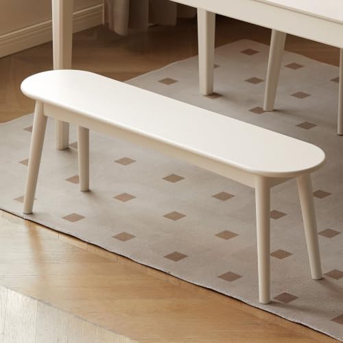 Modern Farmhouse Dining Bench with 100% Solid Rubberwood Bench Frame, Bed End Bench Entryway Bench Ottoman for Kitchen Living Room Bedroom Entrance (Wood White, 47.2'')