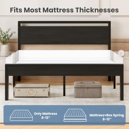Sweetcrispy 14 Inch Queen Size Metal Bed Frame with Wood Headboard, Black