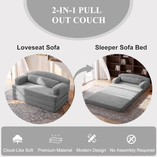 57” Convertible Sleeper Sofa Bed, Boneless Couch, Light Gray