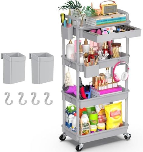 Goovilla 4 Tier Rolling Utility Cart Organizer with Removable Drawer, Grey