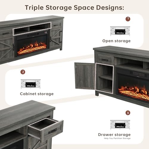 Fireplace TV Stand with Barn Door, 80 inch, Grey