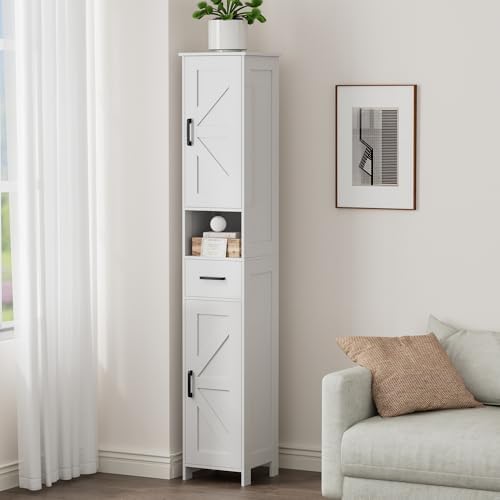 Homhedy 67" H Tall Bathroom Storage Cabinet with Barn Doors and Drawer | Narrow Storage Unit with Adjustable Shelves, Floor Cabinet for Bathroom, Living Room, Entryway or Kitchen, White, 11.8" W