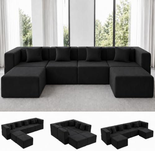 MONVANE 130" U-Shaped 6 Seat Modular Sectional Cloud Couch, Jet Black