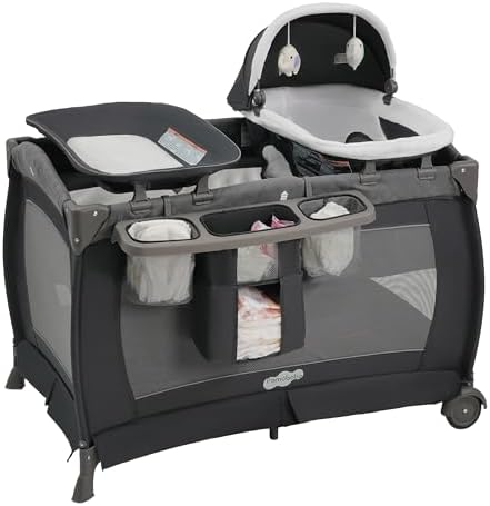 Pamo Babe Pack and Play 4-in-1 Baby Playard with Bassinet & Changing Table, Foldable Portable Playpen with Mattress, Travel Crib for Newborn to Toddler 0-36M-Black