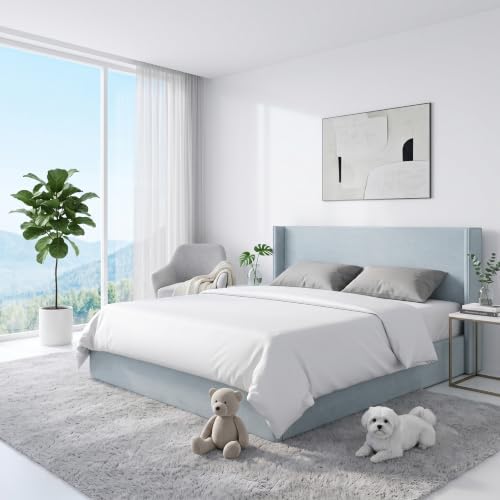 King Lift Up Storage Bed, Corduroy Platform Bed with Headboard, Light Blue
