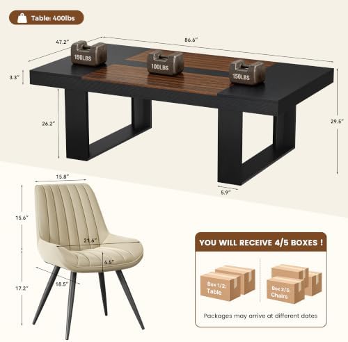 Miereirl 9-Piece Modern Farmhouse Dining Table Set, 86.6" x 47.2" Sturdy Stable Dining Table with 8 Chairs, Rectangular Kitchen Table Set for 8,(Black & Walnut Table+8 Beige Chairs)