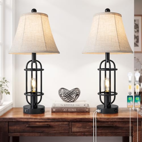 Reaketon 24.3" Farmhouse Table Lamps for Living Room Set of 2, Black