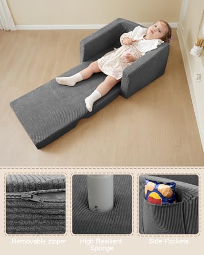 2-in-1 Kids Chair and Couch, Cozy Corduroy Kids Sofa, Grey