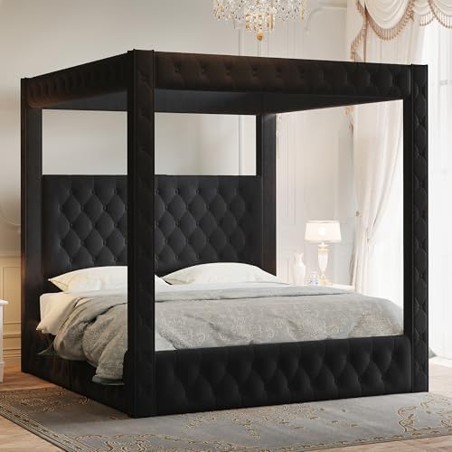 Jocisland Queen Canopy Bed Frame Velvet Upholstered Headboard, Black