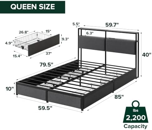 Zinus Michael Upholstered Platform Bed Frame, Four Underbed Drawers, Queen