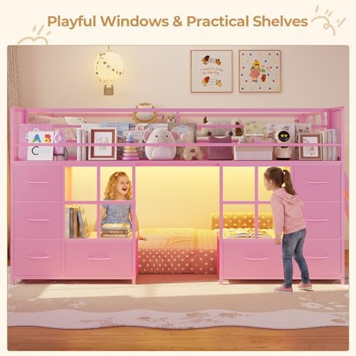 BTHFST Low Bunk Bed Twin Over Twin with 8 Fabric Drawers & Bookshelf, Pink