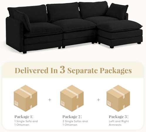 ROWHY 112'' Modular Sectional Cloud Couch with Movable Ottoman, 4 Seat Modern Corduroy Sofa, Deep Seat L Shaped Couch for Living Room Bedroom Apartment,Black