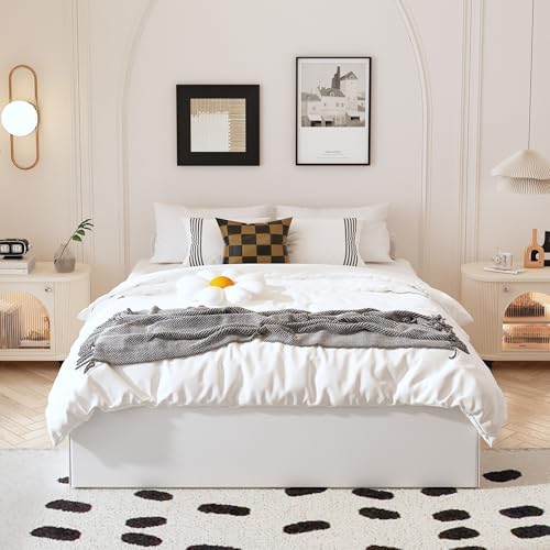 Maenizi 14 Inch Full Bed Frame with White Fabric Cover, Heavy Duty Metal Bed Frame Full, No Box Spring Needed, Support Up to 3000 lbs, Easy Assembly, Noise Free, Black