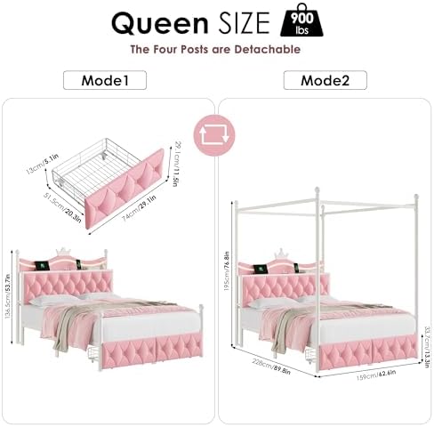 Keyluv Queen Size Upholstered LED Canopy Bed Frame with Charging Station and Drawer, Button Tufted Crown Headboard with Storage Shelf, Two-Purpose Removable Four Poster Design Platform Bed, Pink