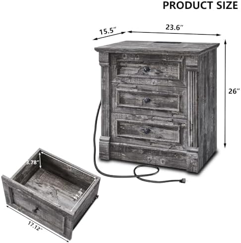 Aitjunz 26" Tall Nightstand w/Charging Station, 3 Drawers, Light Grey