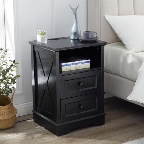 Farmhouse 2 Drawers Dresser for Bedroom,Black Dresser with Charging Station