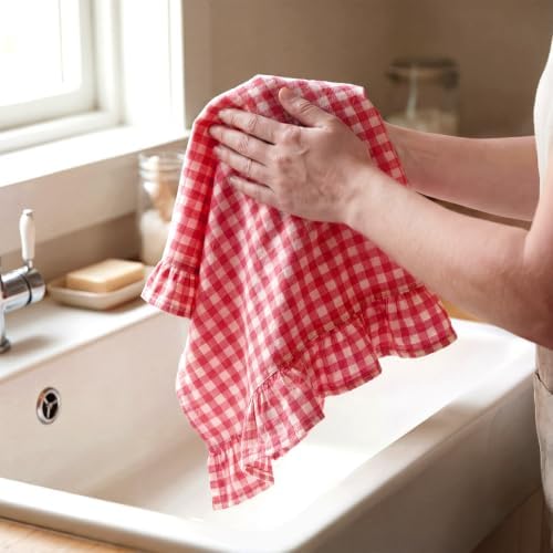 HunnmingRe 2 Pcs Watermelon Pink Gingham Kitchen Towels Cotton Ruffled