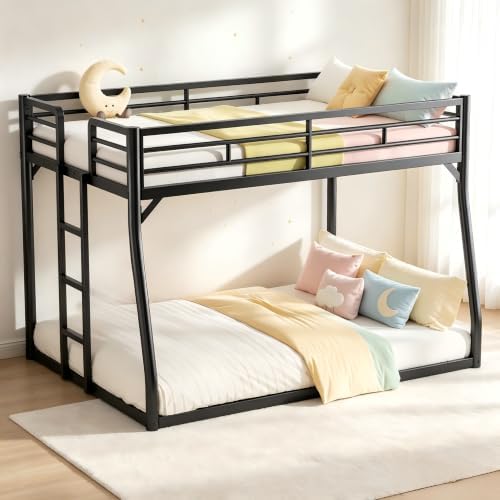 PVWIIK Metal Full XL Over Queen Bunk Bed w/Ladder and Safety Guardrail for Kids Teens Adults,Heavy-Duty Sturdy Bunk Bed,No Box Spring Needed,Black