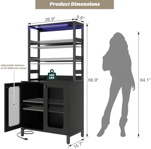 Aheaplus Bar Cabinet with Power Outlets, 67" Tall Wine Bar Cabinet, Black