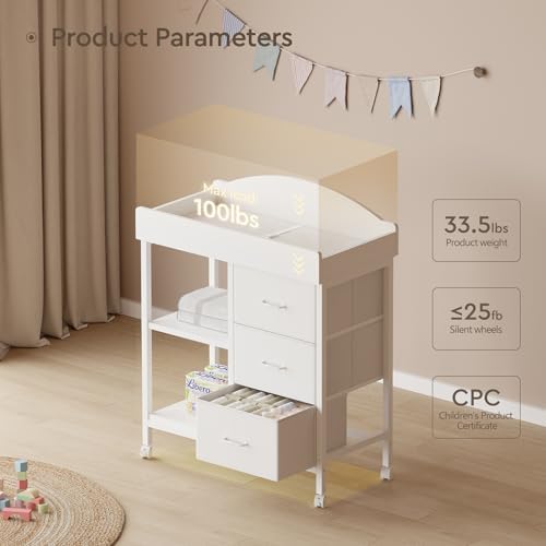 Yetom Changing Table, 3 Drawers&2 Shelves, Changing Table Dresser, White