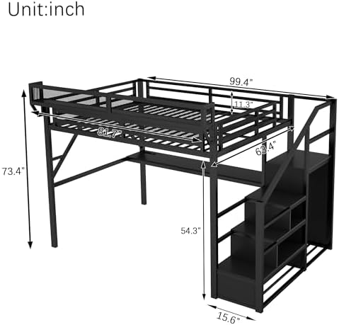 KEIKI Queen Size Metal Loft Bed Frame with Desk, Staircase, Built-in Storage Shelves and Wardrobe, Modern Loft Bed with Solid Slat, Guardrail, No Box Spring Required, Easy Assembly, for Bedroom, Black