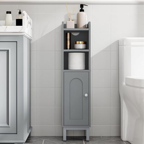 Hzuaneri Bathroom Storage Cabinet, Small Corner Floor Cabinet | Narrow Toilet Paper Holder, Bathroom Organizer with Adjustable Shelf, 2 Doors, for Small Spaces, Gray BC08221GR