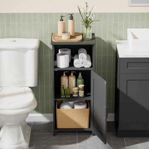Homhedy Farmhouse Bathroom Storage Cabinet with Doors, Small Floor Cabinet | Toilet Paper Cabinet with Adjustable Shelf, Freestanding Storage Cabinet for Kitchen/Laundry/Living Room, 14"W, Black