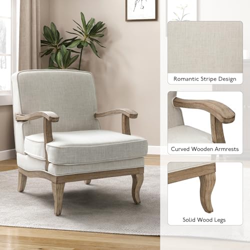 HULALA HOME Mid-Century Modern Accent Chair, Upholstered Living Room Lounge Chair, Lounge Armchair with Romantic Stripes & Solid Wood Legs, Living Room Bedroom Single Sofa Chair (Ivory)