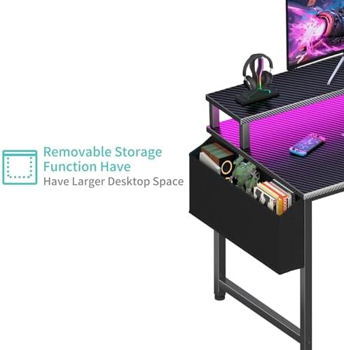 Lufeiya Gaming Desk with Power Outlets and LED Lights, 40 Inch Gamer Desk Table with Charging Station, Home Office Computer Desks with Monitor, Black