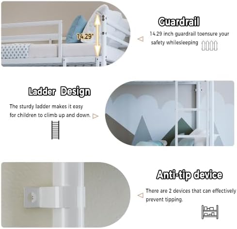 Bellemave Twin Over Twin Bunk Beds, Metal Bunk Bed Frame with Ladder and Full-Length Guardrail for Kids, Adults, White