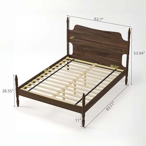 Vintage Wood Queen Bed Frame, Traditional Spindle Platform Bed with Tall Headboard, Walnut Antique Style 4-Poster Design, Under Bed Storage, No Box Spring Needed (Walnut, Queen)