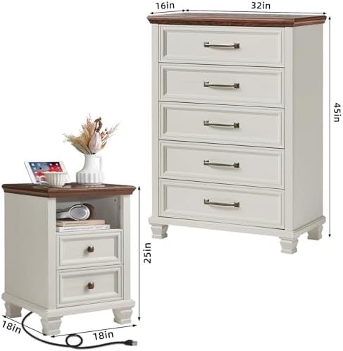SAVOR LIFE Farmhouse Dresser and Nightstand Sets 3 Piece, White