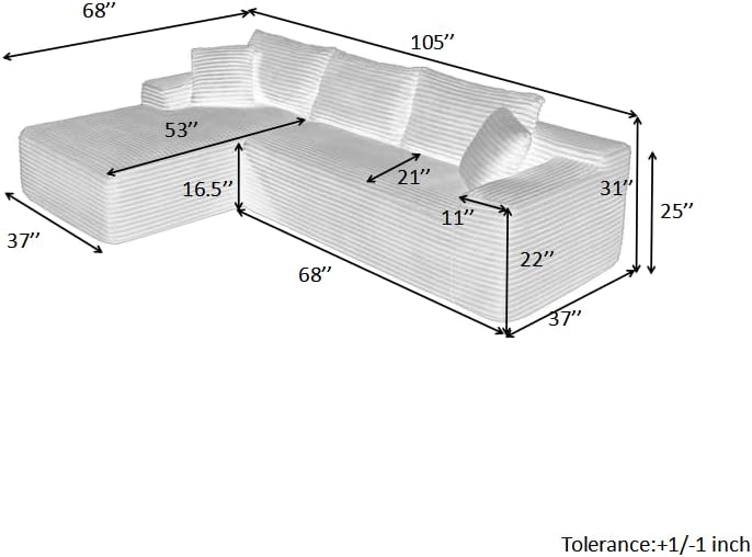 105-Inch L-Shaped Left Facing Corner Compressed Sofa Modular Sectional Boneless Cloud Sofa Floor Foam Couch with Chaise Lounge, Corduroy Corner Boneless Cloud Couch
