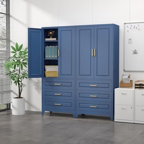 SteeLoong 75" Metal Storage Cabinet with Doors and 2 Adjustable Shelves | Kitchen Pantry Cabinet with 3 Drawers,Blue Kitchen Cabinet with 2 Gold Handles,Food Cupboard for Livingroom,Pantry, Bathroom
