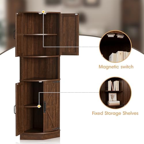 Vabches 64.8" Tall Farmhouse Corner Cabinet with 4 Doors and 5 Storage Shelves, Farmhouse Storage Cabinet with Barn Door Design, Home Space Saver for Living Room, Kitchen, Laundry Room,Brown