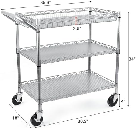 BolDuck Heavy Duty Utility Cart, 990Lbs Capacity 3 Tier Rolling Carts with Wheels, Kitchen Cart on Wheels with Storage, Commercial Grade Metal Serving Carts with Wire Shelving &Handle Bar, Silver