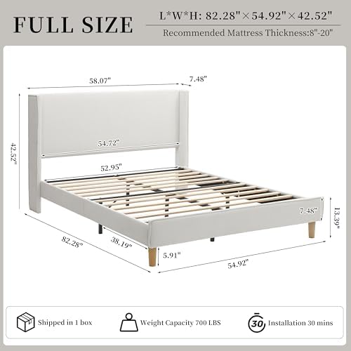 Full Corduroy Upholstered Platform Bed with Headboard Wingback, Cream