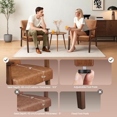 Yaheetech Accent Chairs Set of 2, Mid-Century Faux Leather Armchairs Brown