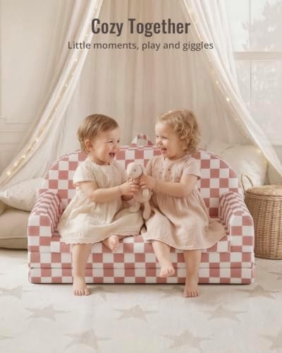 Blissful Diary Foldable Kids Couch, Extra Wide Kids Sofa Chair, Blush Check