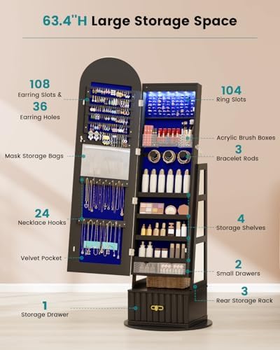 Vlsrka Arched LED Mirror Jewelry Cabinet with Full Length Mirror, Black | Lockable Jewelry Armoire Cabinet, 360° Swivel Jewelry Organizer with Drawer Storage, Foldable Makeup Shelf, 2 Rear Hooks
