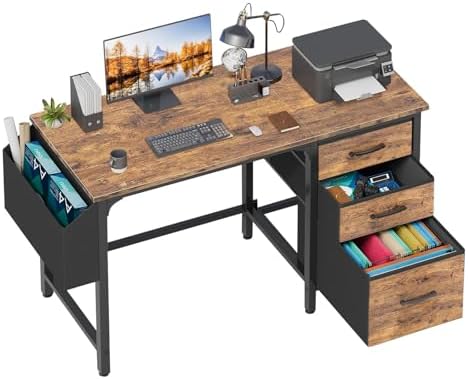 Lufeiya Computer Desk with File Drawers Cabinet, 47 Inch Reversible Home Office Desks with Fabric Filing Cabinet for Small Space, Study Writing Table PC Desks, Rustic Brown