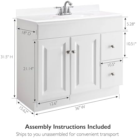 Design House Wyndham Bathroom Vanity, 36", White | , Freestanding, Traditional, Wood, Bath, 597237