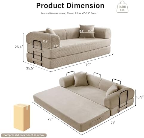 79" Convertible Sofa Bed, Boneless Sleeper Futon Couch for Living Room
