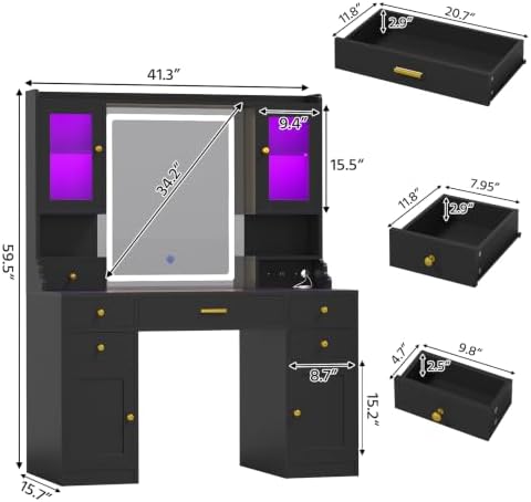 CSZZD Makeup Vanity Desk with Mirror and Lights, Black Vanity Table Set with Charging Station, Dressing Table with RGB Cabinets, Makeup Vanity Mirror with Light Desk and Drawers, 3 LED Light Modes