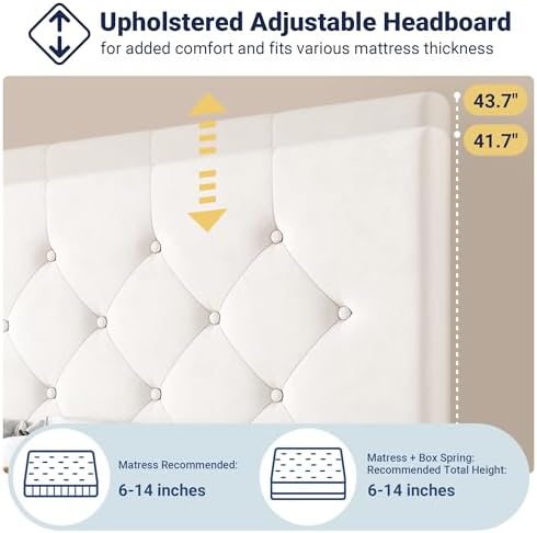 Allewie Full Size Storage Bed Frame with 4 Underbed Drawers, Upholstered Platform Bed with Adjustable Headboard, Diamond Button Tufted, Easy Assembly, Noise-Free, No Box Spring Needed, Soft White