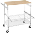 3 Tier Rolling Kitchen Cart with Wood Tabletop, Kitchen Island Carts with Wheels & Slider Shelf, Microwave Cart on Wheels, Coffee Cart with Hooks, 35.4" L*18.1" W*31.9" H，Wood+Chrome